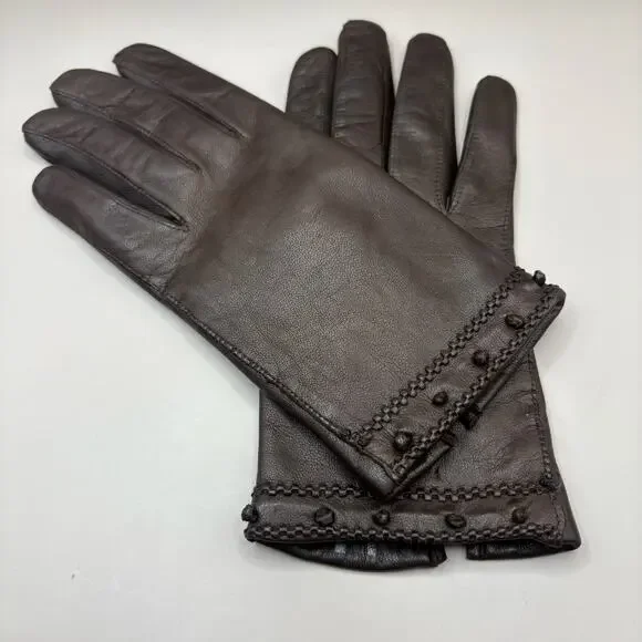 VTG Leather Gloves Sz‎ 7 Brown Knit Fabric Lined Unbranded Braided Embellished