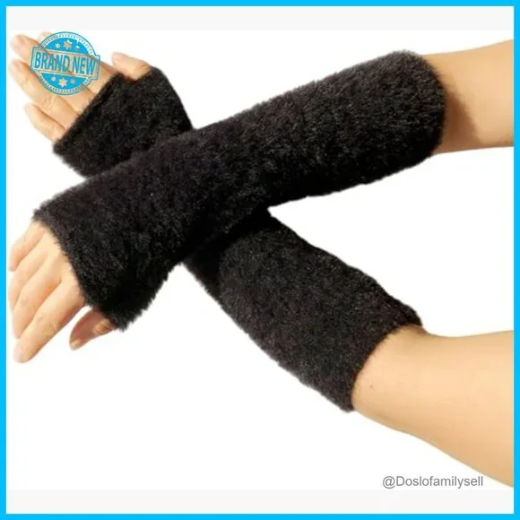 Fingerless Knit Arm Warmers Mink-Like Yarn Thumb Hole Y2K Wrist Sleeves