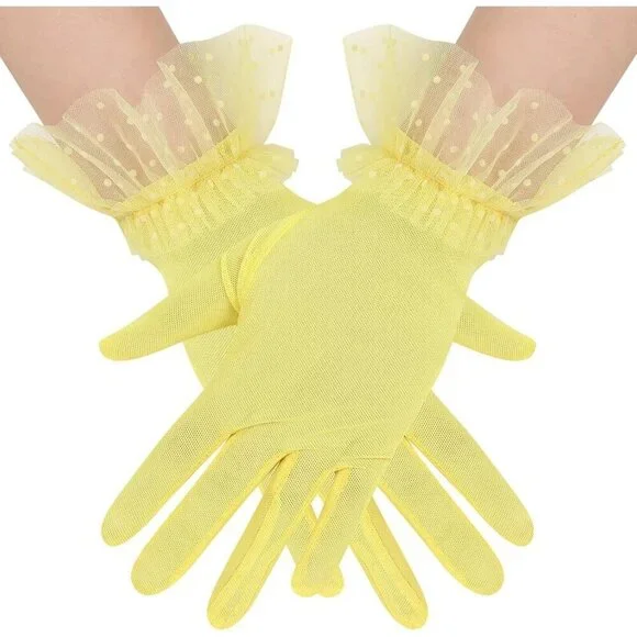 Women's Short Lace Yellow Tulle Sheer Mesh Tea Party Prom Gloves Banquet Costume