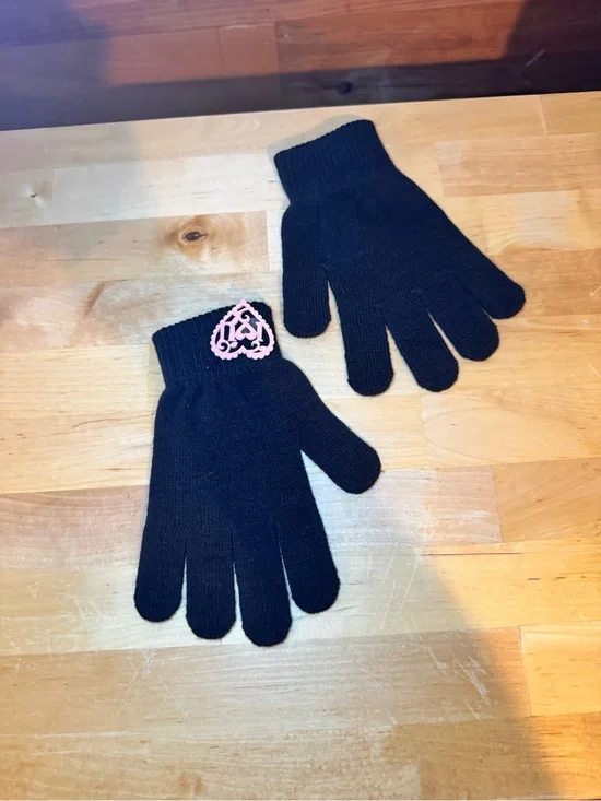Black Knit Gloves with Pink Heart Accent