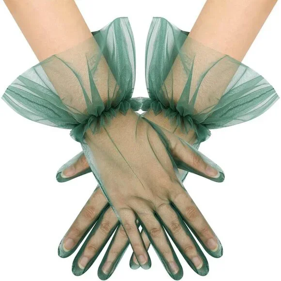 Women's Puffy Ruffle Green Tulle Sheer Mesh Party Prom One Size Short Gloves