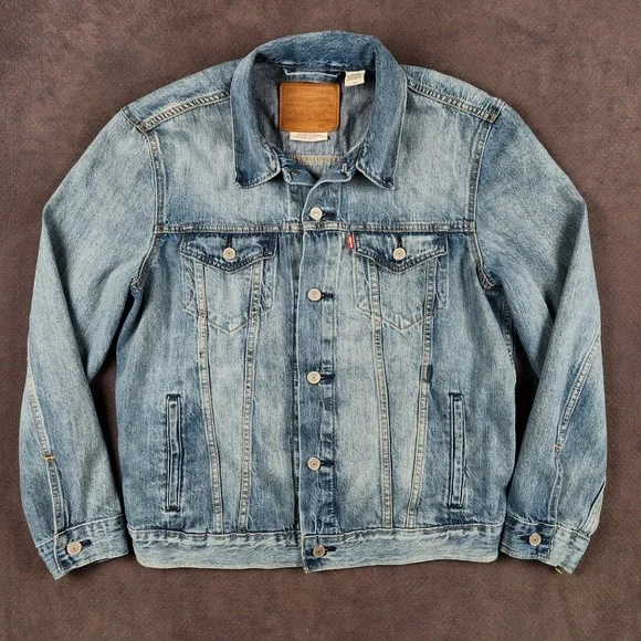 Levis Premium Trucker Jacket Mens Large Faded Blue Denim Modern Big E 72334-0351