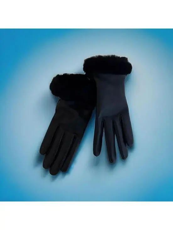 UGG $110 Fine leather Shearling Shorty gloves Color Black Size Medium 6705 - 20