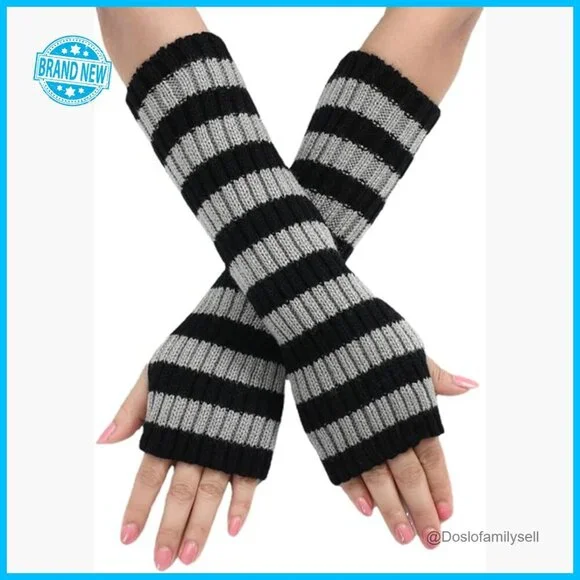 Striped Fingerless Knitted Arm Warmers Y2K Punk Grunge Alt Emo Scene Accessories