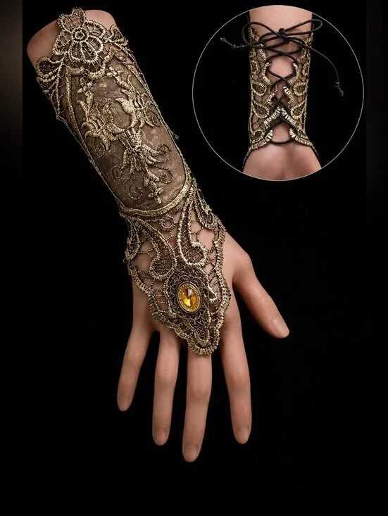 Gold Beaded Lace Fingerless Gloves with Amber Accent