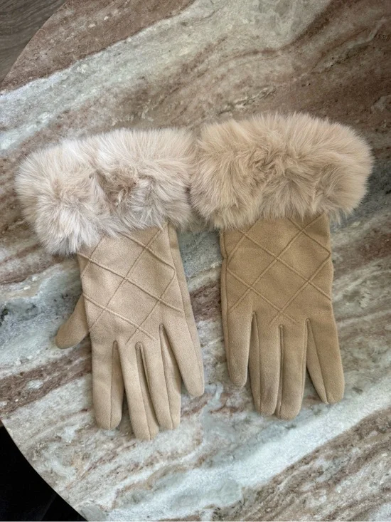Faux Suede Fur Trim Winter Gloves Beige Cream Touchscreen Style