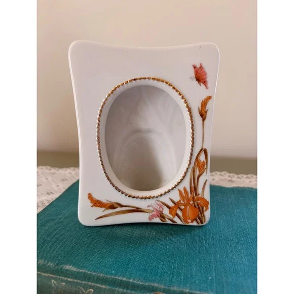 Vintage Porcelain Floral Picture Frame White Ceramic Orange Iris Butterfly Gold