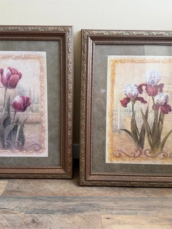 Home Interiors Burgundy and Taupe Floral Tulip Wall Art Pair