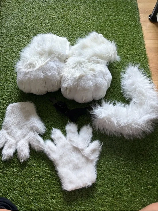 White Faux Fur Monster Paw Costume Set - Gloves, Paws & Tail