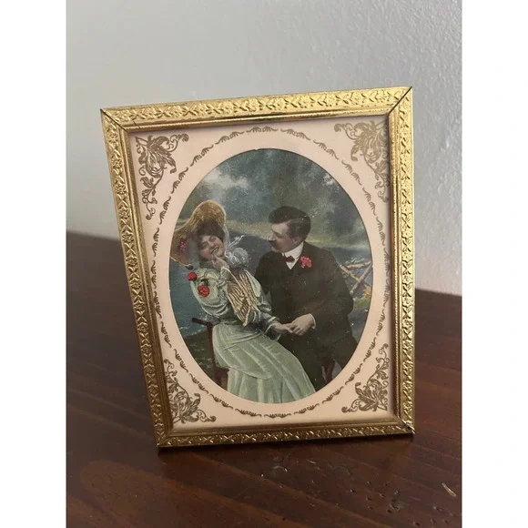 Vintage Gold Tone Filigree Miniature Picture Frame Victorian Style Couple Art