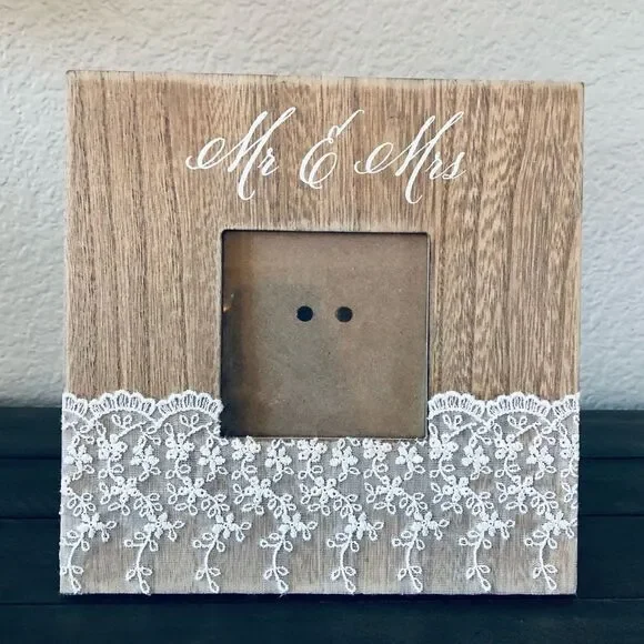 Mr. & Mrs. Wedding Couple Lace Wooden Boho Picture Frame