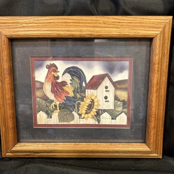 Vintage ROOSTER PICTURE  Birdhouse Farmhouse KORSGADEN MATTED FRAMED 8X10