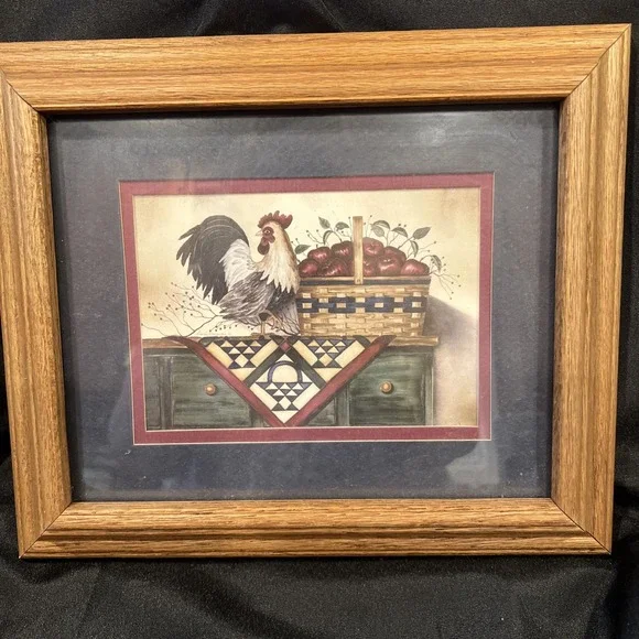 Vintage ROOSTER PICTURE  Apple BASKET  Farmhouse KORSGADEN MATTED FRAMED 8X10