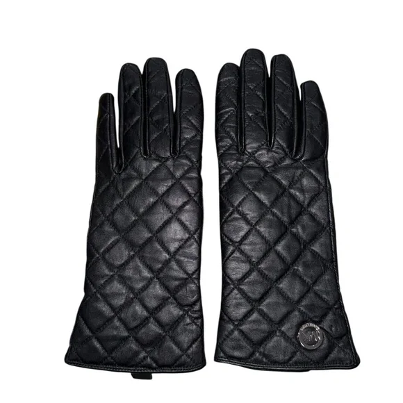 MICHAEL Michael Kors Genuine Leather Women's Quilted Black Gloves Medium
