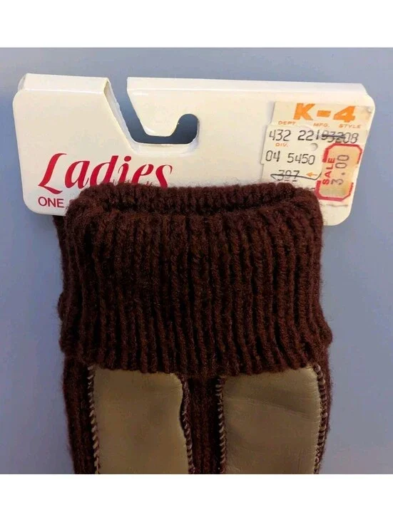 Vintage Kmart Ladies Driving Gloves Knit Leather Palm Brown Maroon One Size New