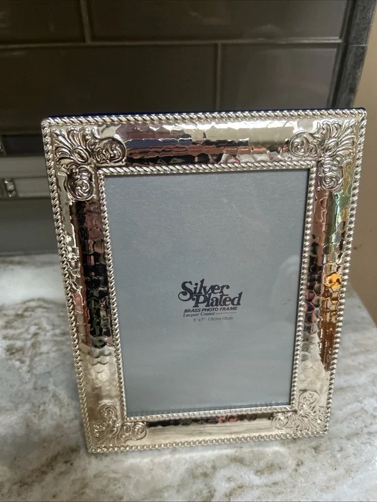 Solid Brass & Lacquer Coated Baroque Style Photo Frame 5x7 Silver Hammered tone