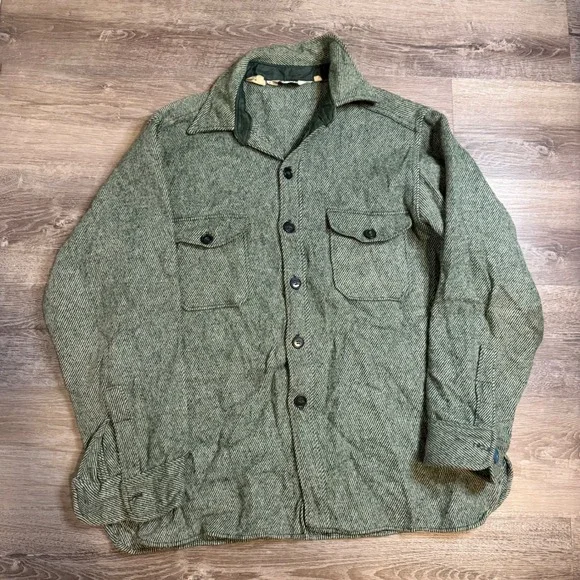 Vintage Woolrich Wool Herringbone Jacket XL Green Twill CPO Shacket Mens