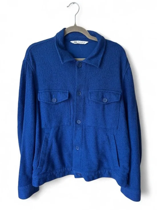 Zara Blue Textured Overshirt Shacket Utility Jacket Large