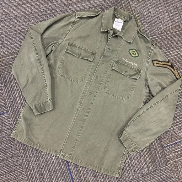 Memory's Ltd Military Shirt Jacket Mens Medium‎ Olive Green EUC Patches Italy