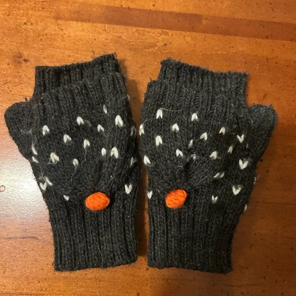 Black Knit Convertible Mittens with White and Orange Accent