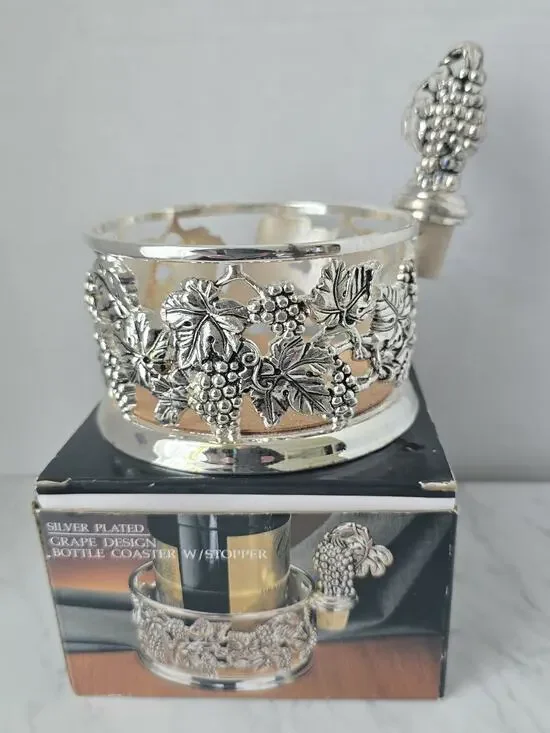 Vintage Godinger Silver Plated Wine Bottle Coaster & Stopper Set - NOS