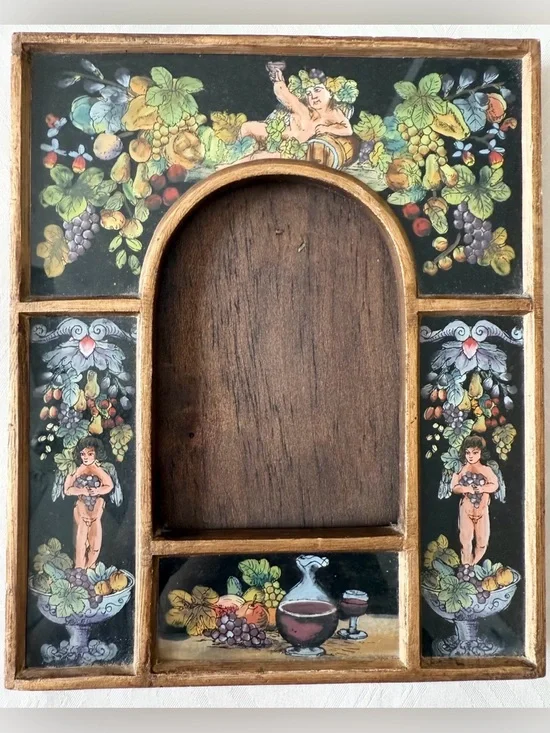 VTG Photo Picture Frame Reverse Painted Fruit & Cherub Angels Glass Garden