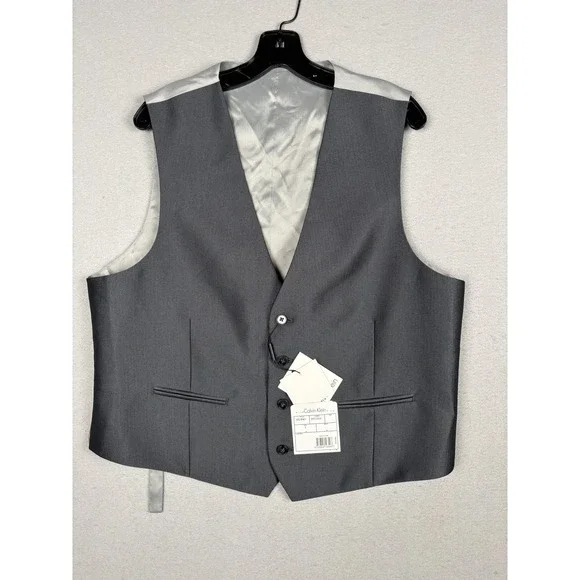 Calvin Klein Suit Vest Mens Large Gray Herringbone Belted 2 Piece Formal Wedding