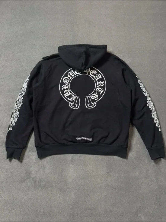 Chrome Hearts Black Hoodie with White Graphic Horsehoe Back and Sleeve Motifs