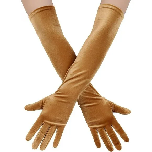 Women's Mustard Velvet Long Gloves Elbow Length Costume Flapper Evening Banquet
