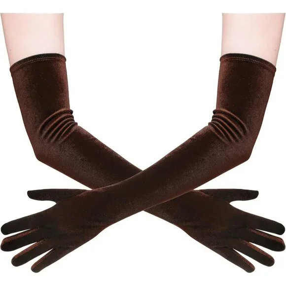 Women's Coffee Velvet Long Gloves Elbow Length Costume Flapper Evening Banquet