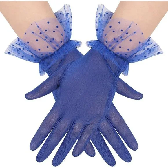 Women's Short Lace Royal Blue Sheer Mesh Tea Party Prom Gloves Banquet Costume