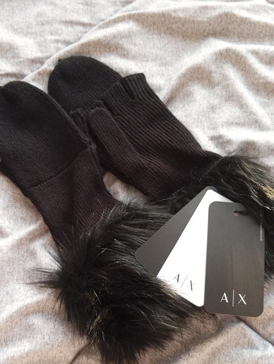 Armani Exchange Black Knit Mittens with Faux Fur Cuff