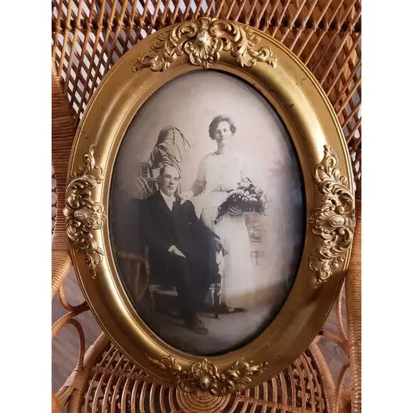 Antique Wedding Portrait Gilded Bubble Glass Frame Art Deco Gothic Victorian Art