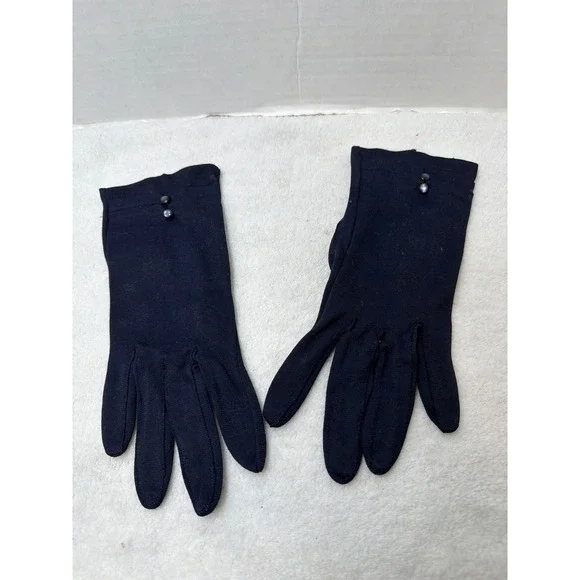 VTG 70s Hansen Milwaukee Gloves Women 6.5 Navy Blue Nylon Button‎ Wrist Japan