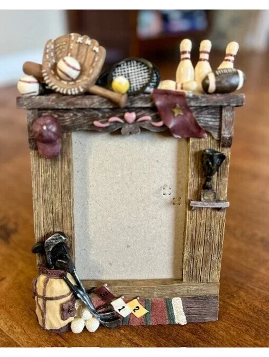Sports-Themed Decorative Photo Frame with Baseball, Tennis, and Bowling Accents