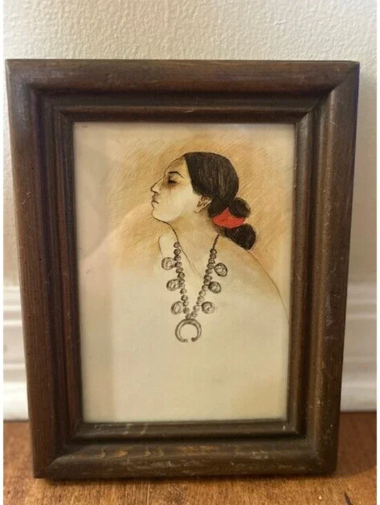 Vintage Framed Portrait of Woman with Traditional Necklace