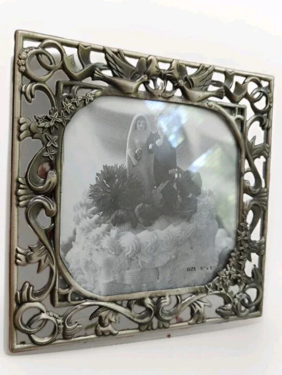 Stand Up Metal Wedding Photo Frame Doves Ribbons Rings & Flowers 5
