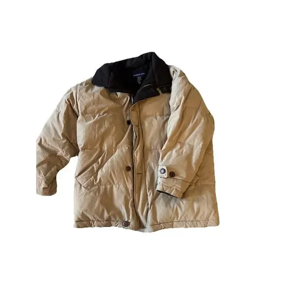 London Fog Puffer Down Coat Men’s Tan khaki‎ Size L Button Front Classic Preppy