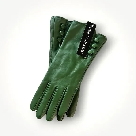 Gloves Leather Centigrade NWT Vintage Style 3 Button Detail Green Sz S Women's