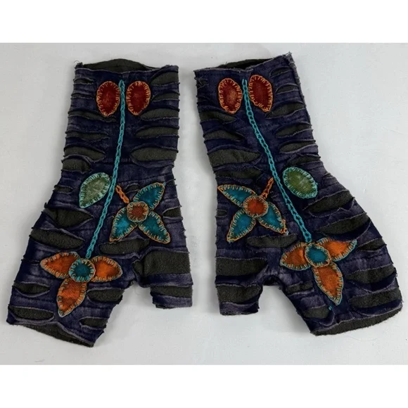 Boho Embroidered Fingerless Gloves Colorful with Floral Design 100% Cotton
