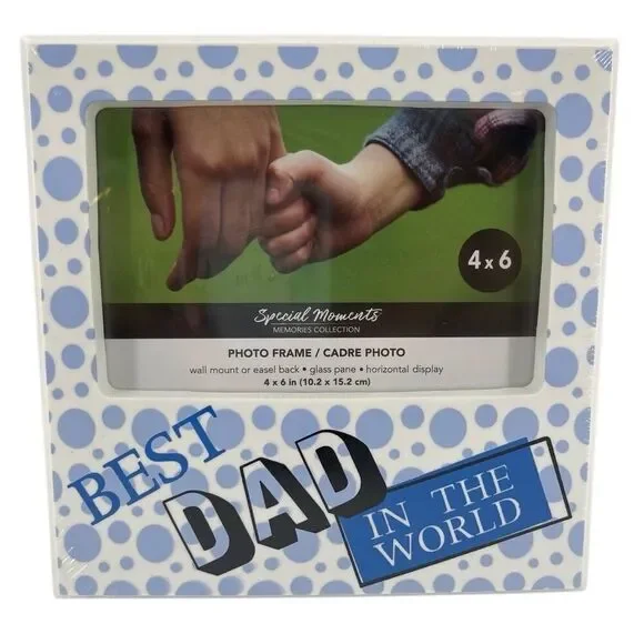 Best Dad in the World 4x6 Picture Frame White Blue Dots Wall or Tabletop NIB