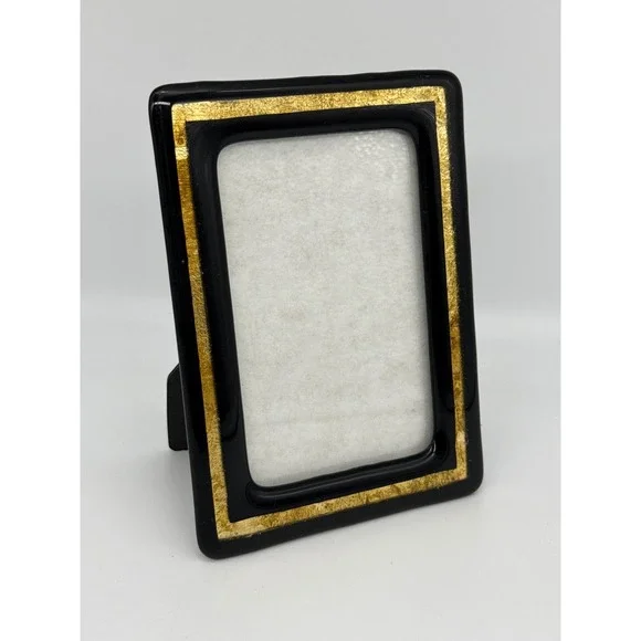 VTG Black and Gold Inlay Picture Frame Tabletop for 3x5 Photo Glass 1980s