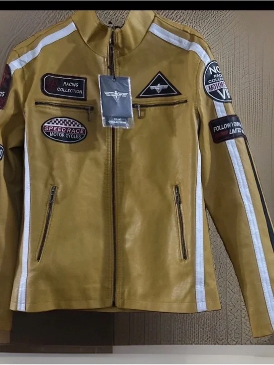 Racing-Inspired Mustard Yellow Leather Bomber Jacket with White Stripes