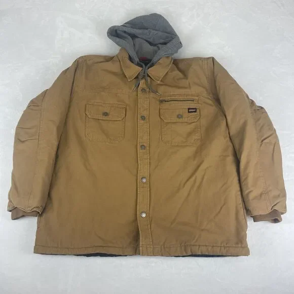 Dickies Jacket Mens Extra Large Brown Hooded Quilted Lined Duck Canvas Full Zip