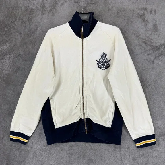 Polo Ralph Lauren Mens Track Jacket Cream Navy MCB-7 Crest Full Zip Large