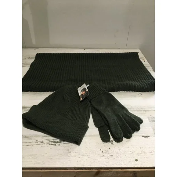 Charlie Paige deep olive green infinity scarf beenie & gloves set