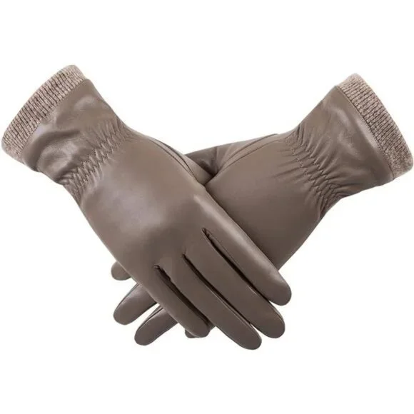Tan Faux Leather‎ Knit Winter Gloves Wool Fleece Lined Warm Touchscreen Gloves