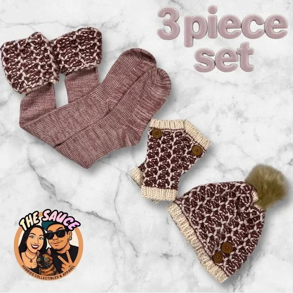 Simply Noelle 3 Piece Knit Beanie Hat Gloves‎ Socks Set Burgundy Cream gift warm