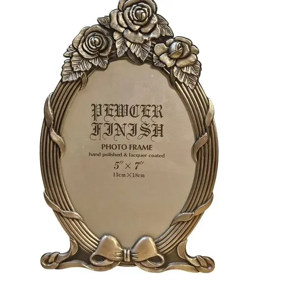Vintage Weston Gallery Pewter Oval Picture Frame 5x7 Ornate Rose Bow Tabletop
