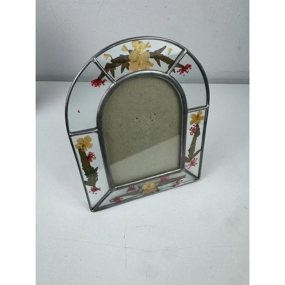 Vintage Pressed Flower Stained Glass Arched Picture Frame Cathedral Boho Decor